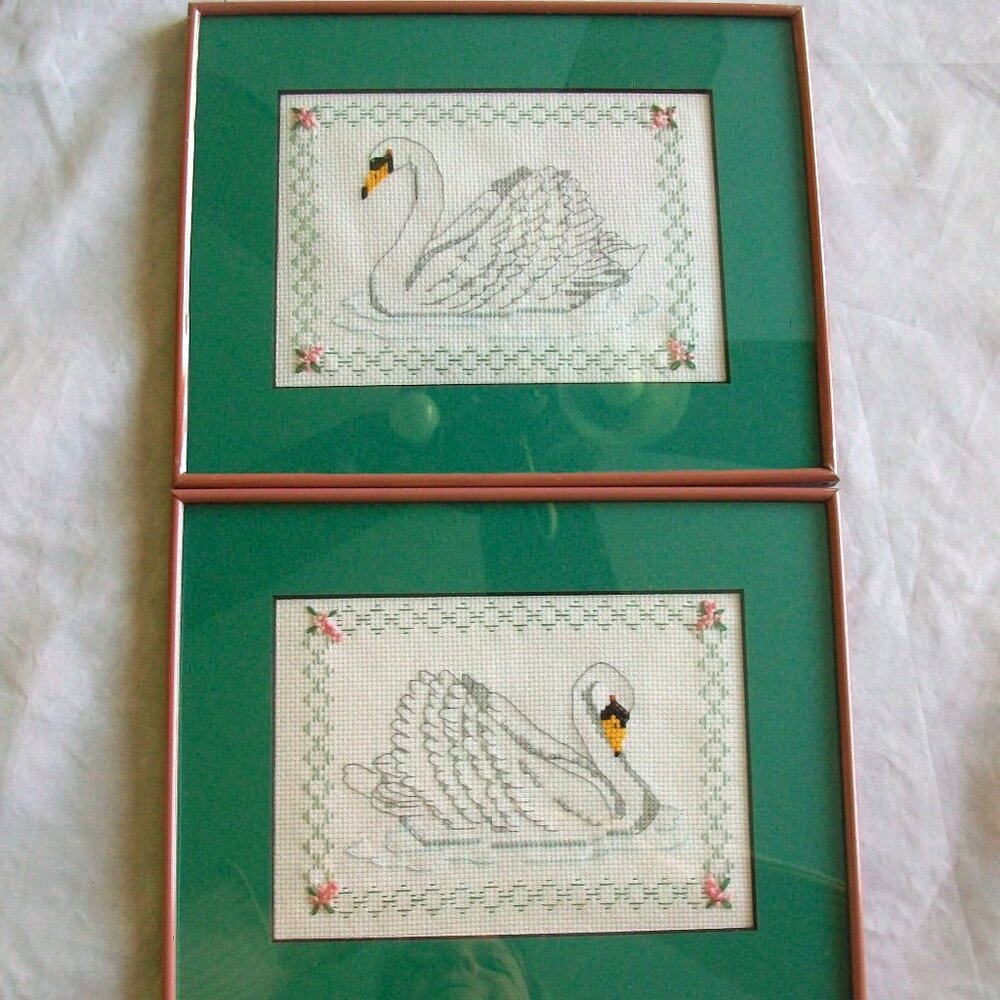 Pair Elegant Regal Swans Cross Stitch Framed Art Wall Decor 8.5" x 10.5"